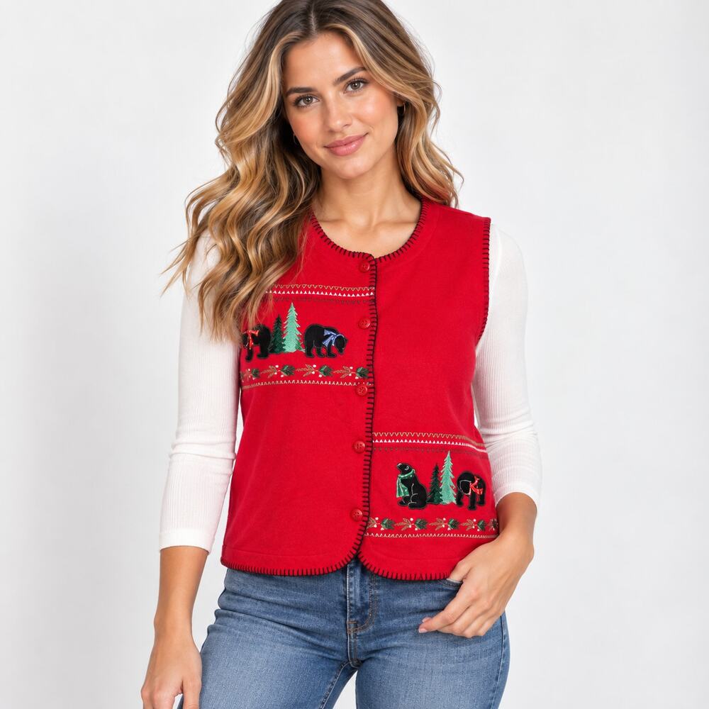 Vintage Vest Women's Plus Size 2XL Button-Up Red Embroidered Nature Bear Grandma